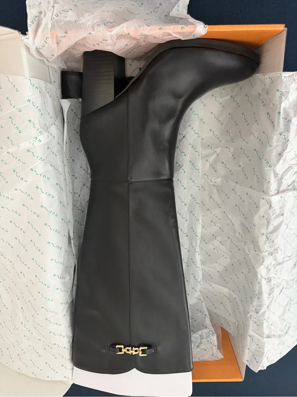 Unisa Black Knee-High Boots with Gold Hardware
